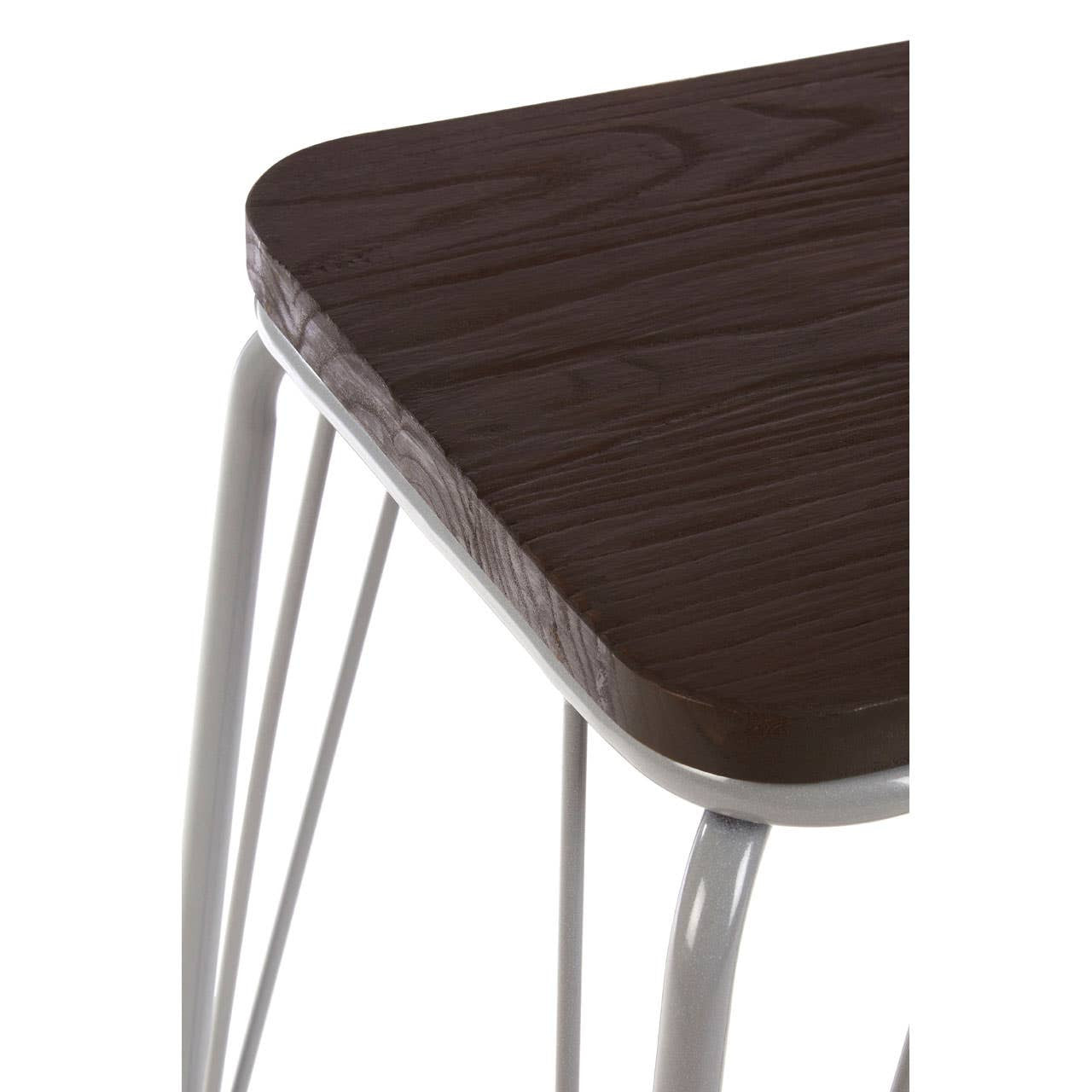 Small stool featuring a dark brown elm wood top with a smooth finish and rounded edges, supported by sleek grey metal legs that provide a modern aesthetic. The legs are thin and angled, contributing to a minimalist design