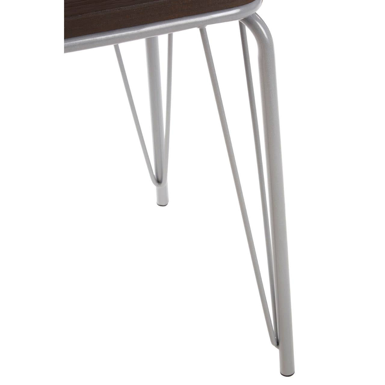Small stool featuring a dark wood top with a smooth finish, supported by sleek, grey metal legs that have a modern, minimalist design. The legs are tapered and slightly angled, providing a sturdy base
