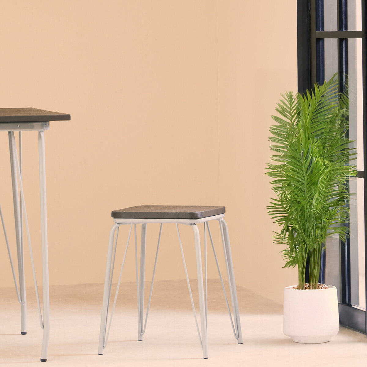 Small wood stool with a grey metal frame and an elm seat, positioned next to a potted plant in a modern interior setting with a light-colored wall and large windows