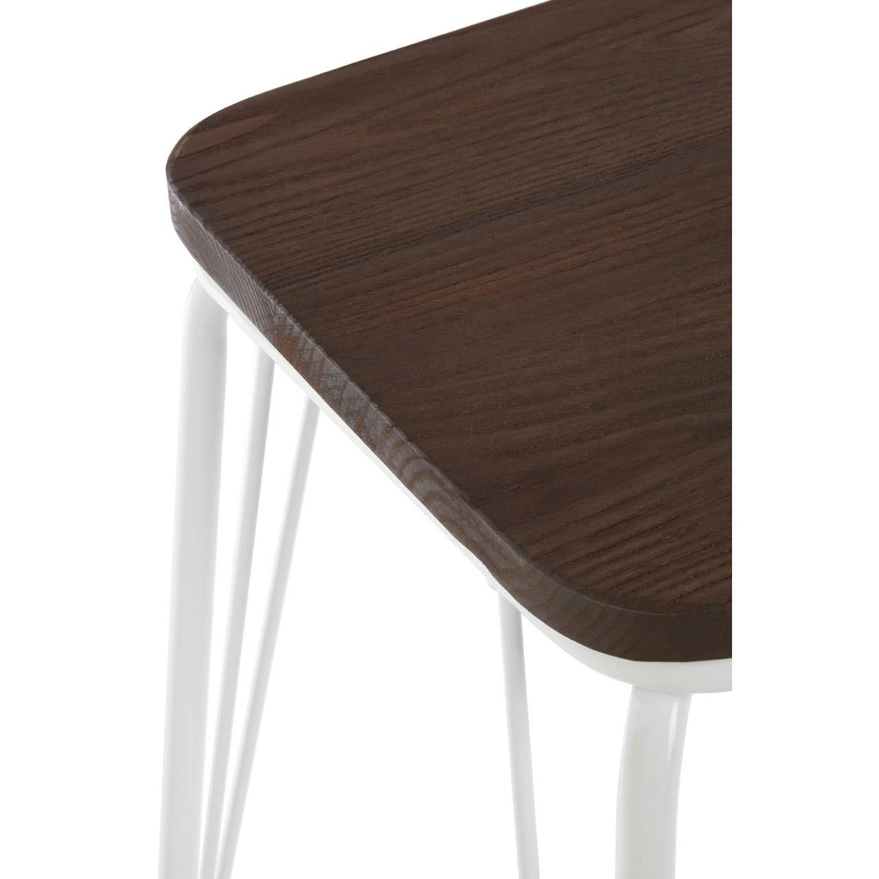 Small stool featuring a dark brown elm wood top with rounded edges, supported by sleek white metal legs. The design is modern and minimalist, highlighting the contrast between the wood and metal materials