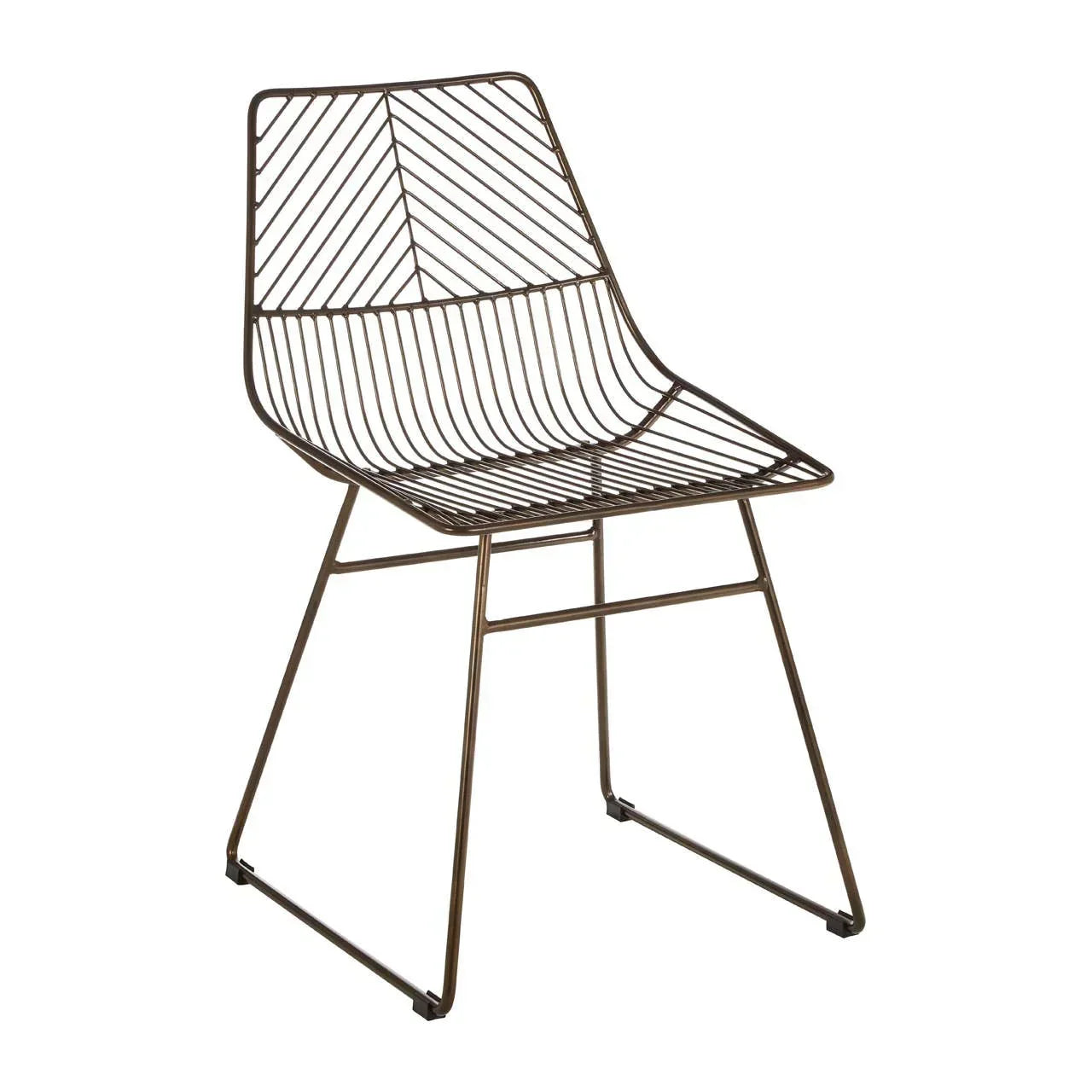 Bronze metal dining chair with geometric wire frame and angled legs on white background