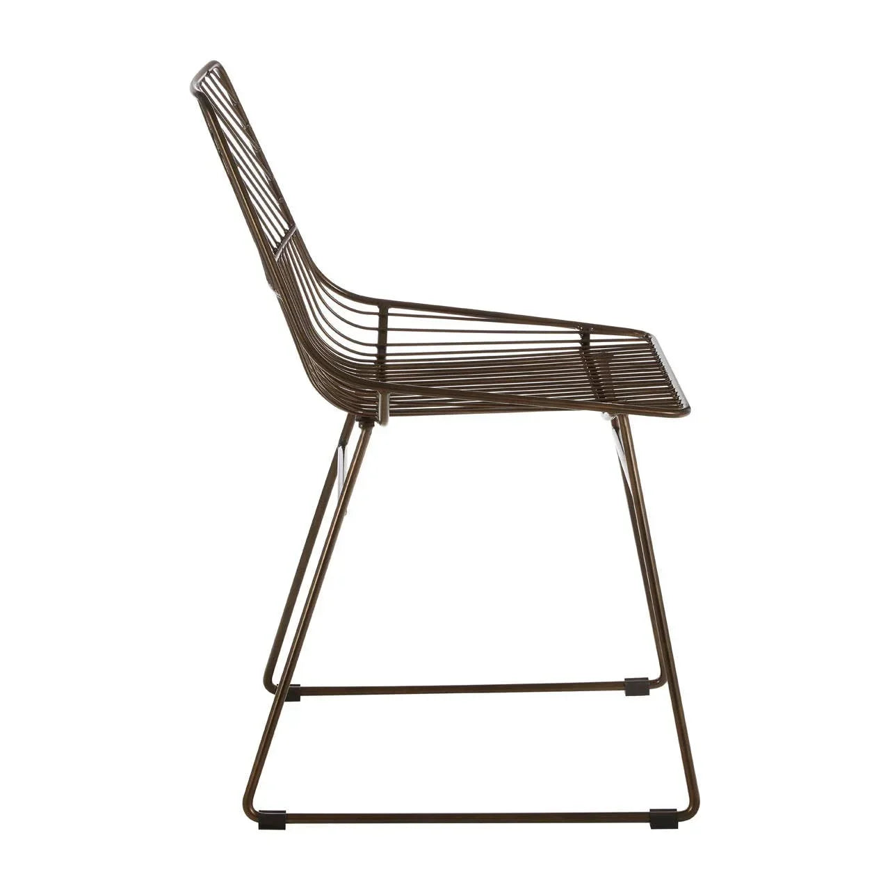 Brown metal dining chair with wire frame, side profile view, modern minimalist design