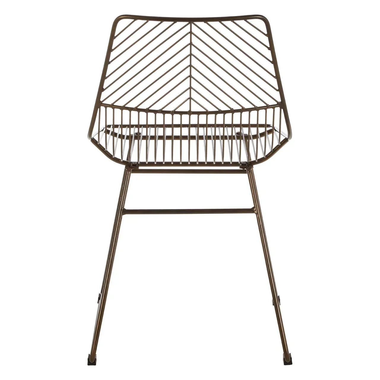Brown metal dining chair with angled wire frame and chevron backrest, front view