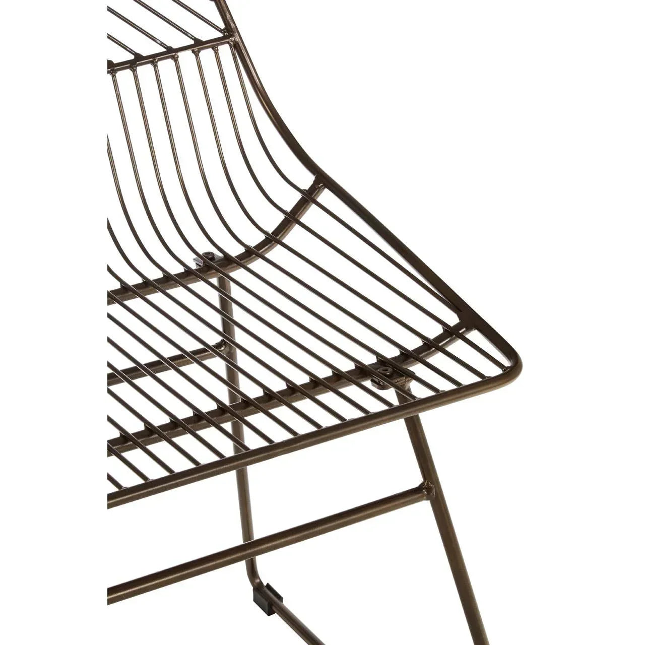 Brown metal dining chair seat and backrest with wire frame design, closeup angle