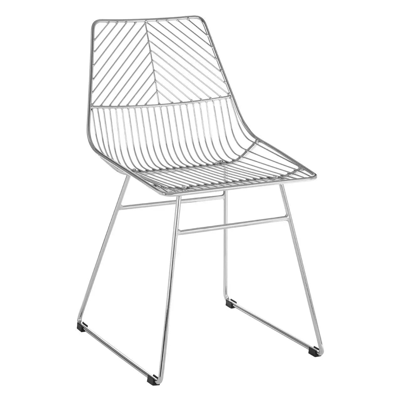 chrome wire dining chair with geometric backrest and angled legs on white background