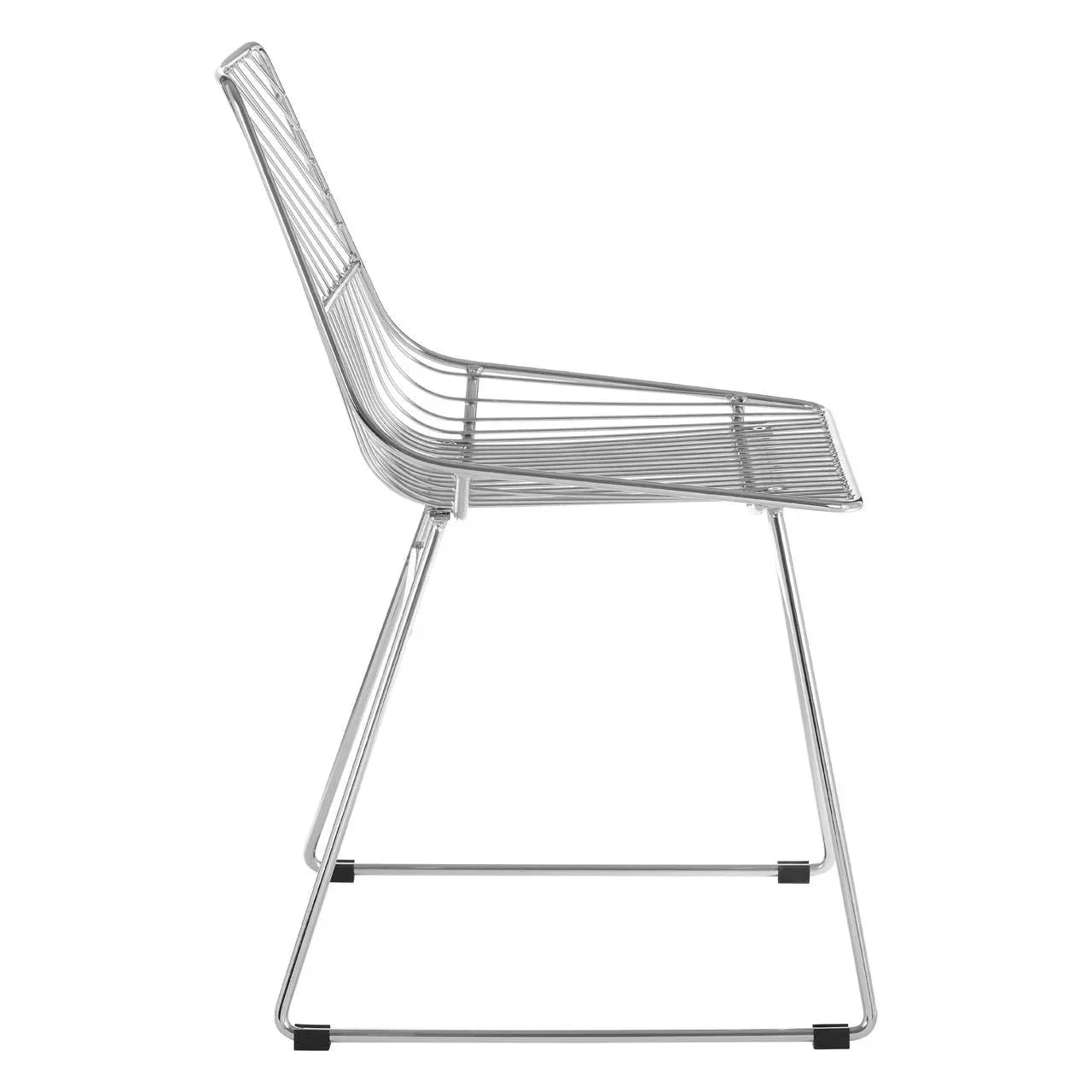 Side view of modern metal dining chair with wire frame design and sled base