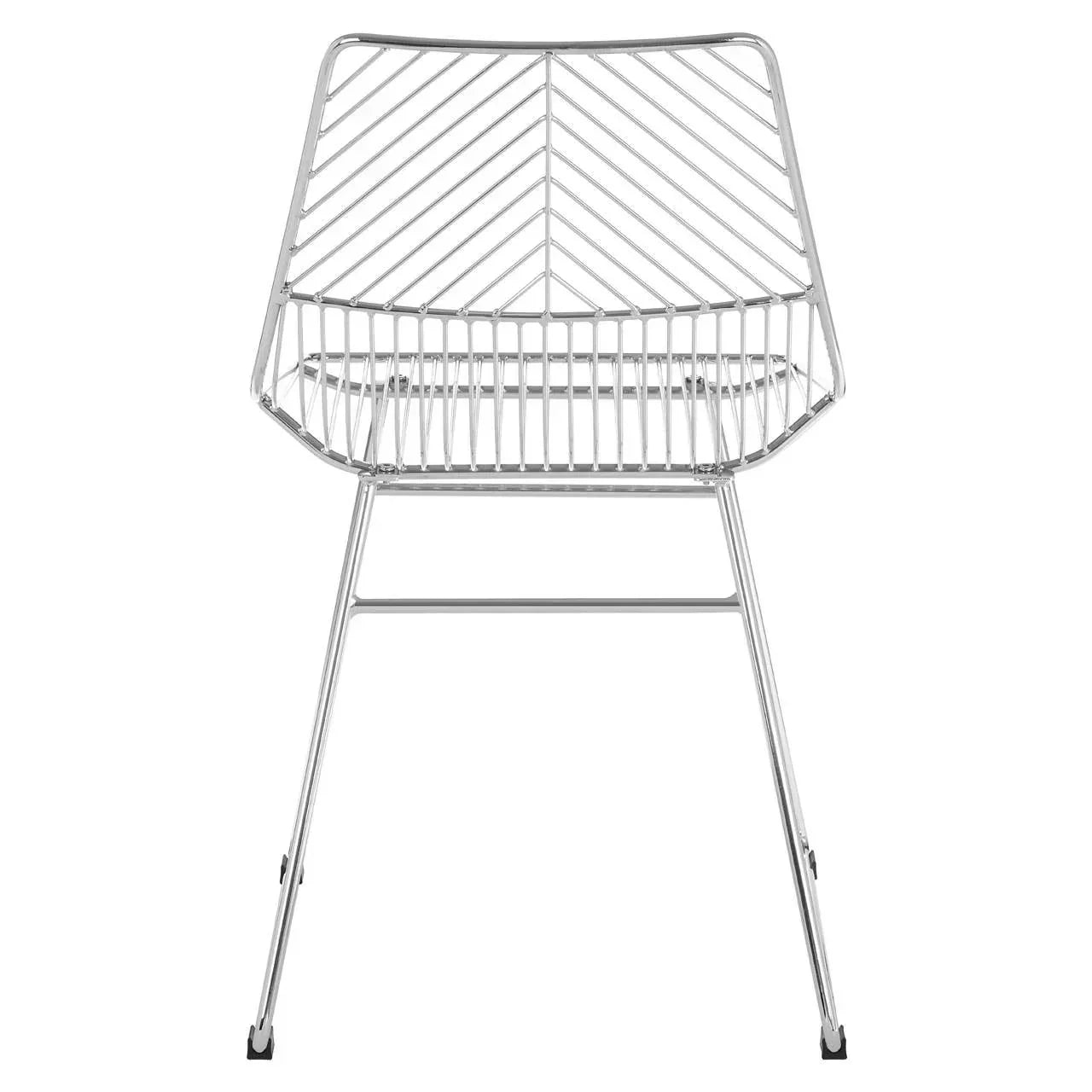 Chrome wire dining chair with geometric backrest, angled front view