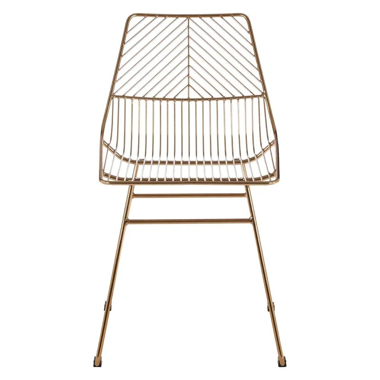 Gold metal dining chair with geometric wire design, front view