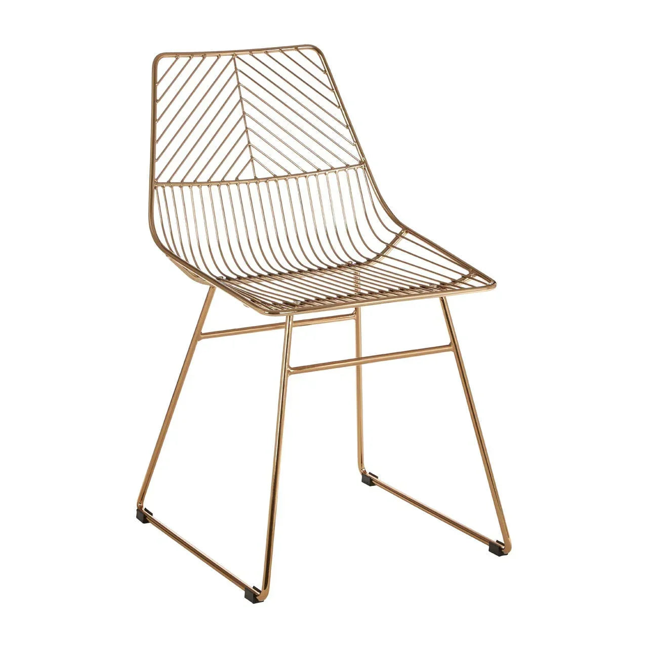 Gold metal dining chair with geometric wire frame and angled legs on white background