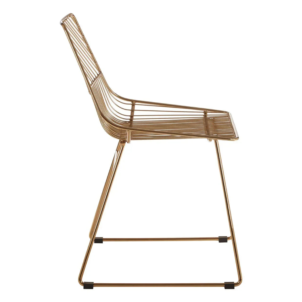 Side view gold metal dining chair with wire frame and sled base
