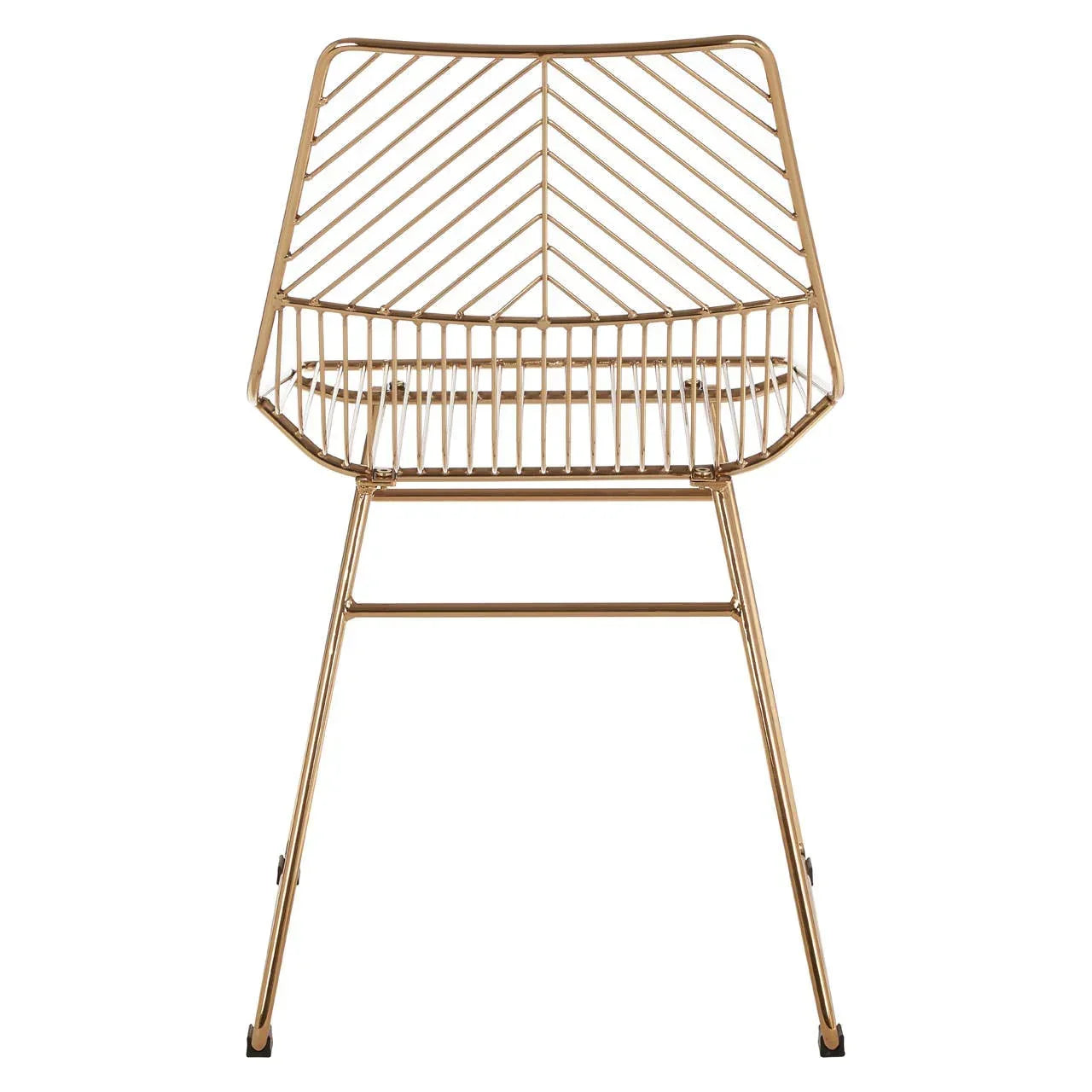 Gold metal dining chair with geometric wire backrest and angled metal legs