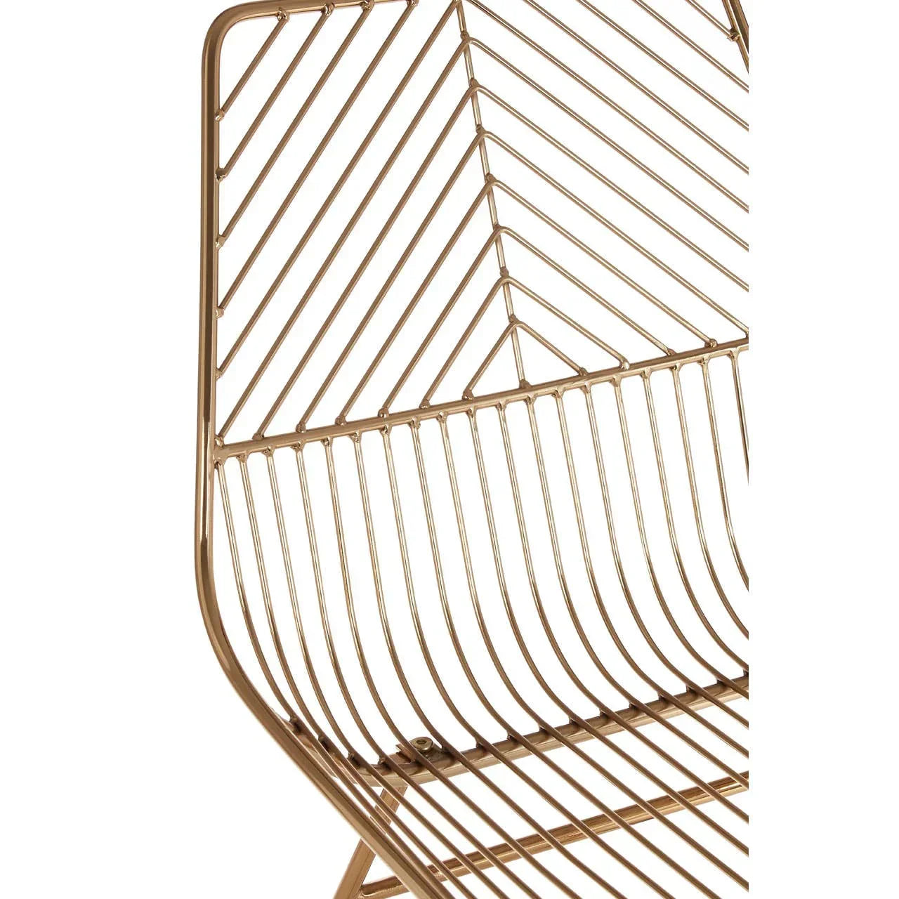 Gold metal chair with geometric wire backrest and seat, modern angle view