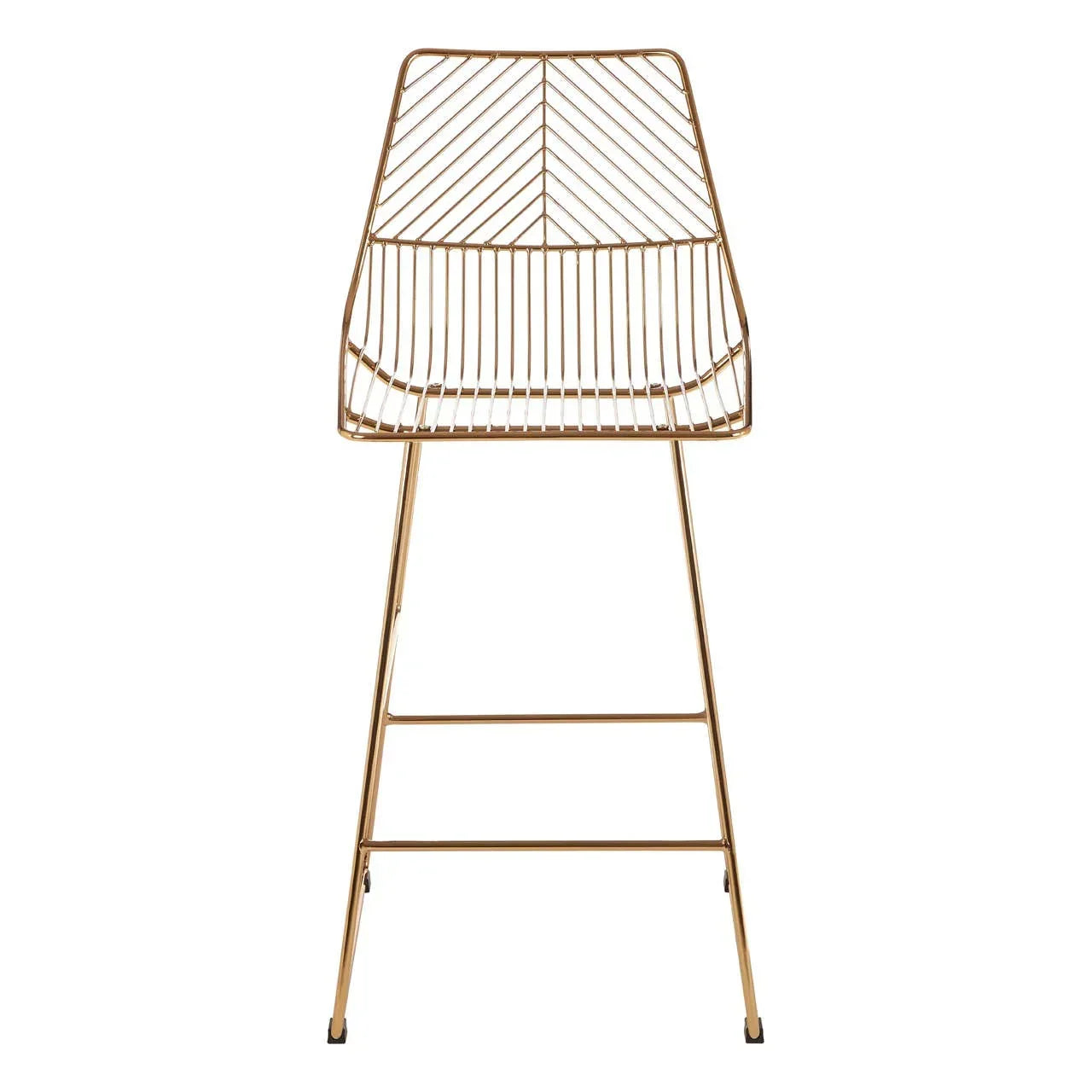 Gold metal bar stool with geometric wire back and seat, front view on white background