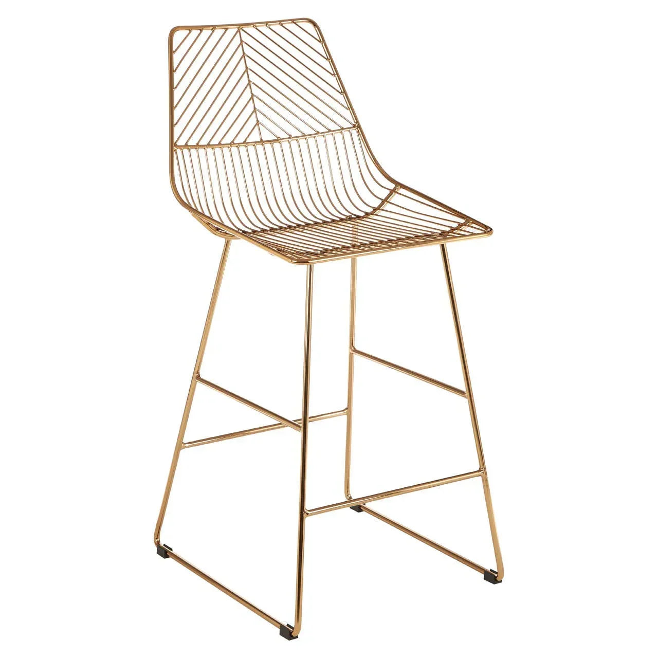 Gold metal bar stool with geometric wire frame and angled legs on white background