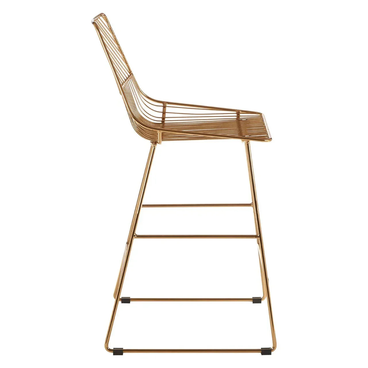 Metal bar stool with gold wire frame and high back in side view