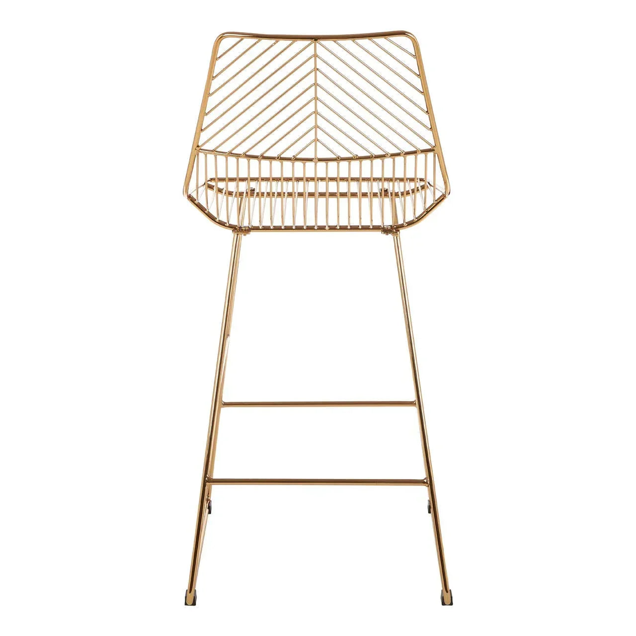 Gold metal bar stool with geometric wire backrest and slim legs, front facing view