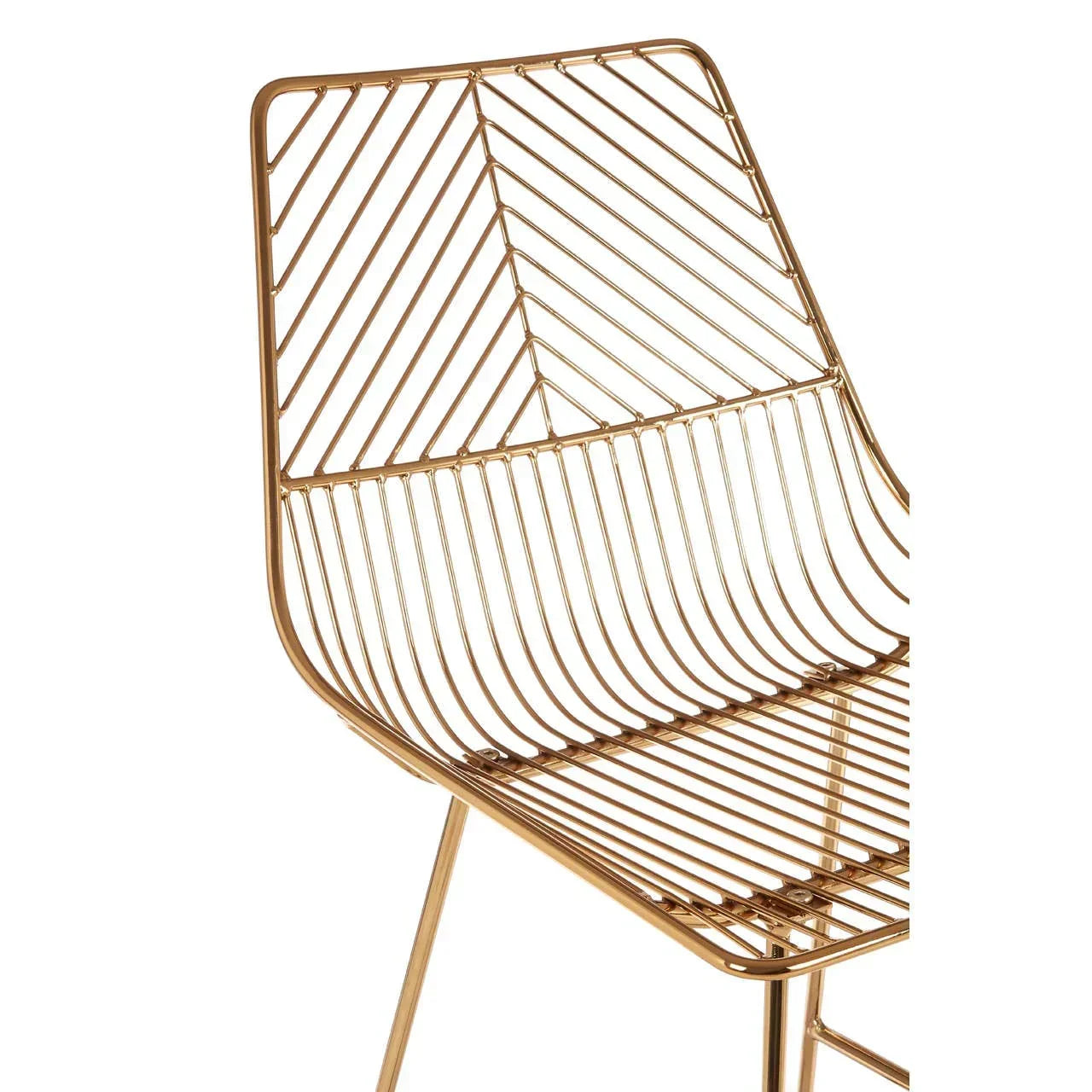 Gold metal dining chair with geometric wire frame and angled backrest