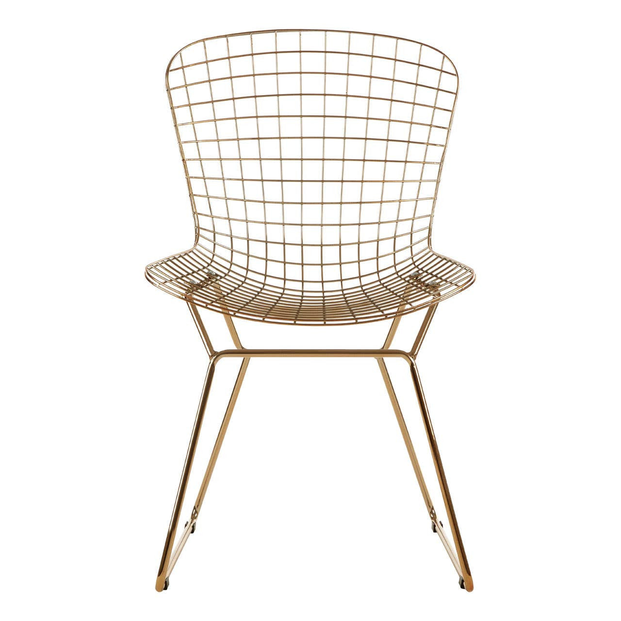 Gold metal wire chair with a grid frame design and slender legs, featuring a rounded backrest and a minimalist aesthetic suitable for modern home decor
