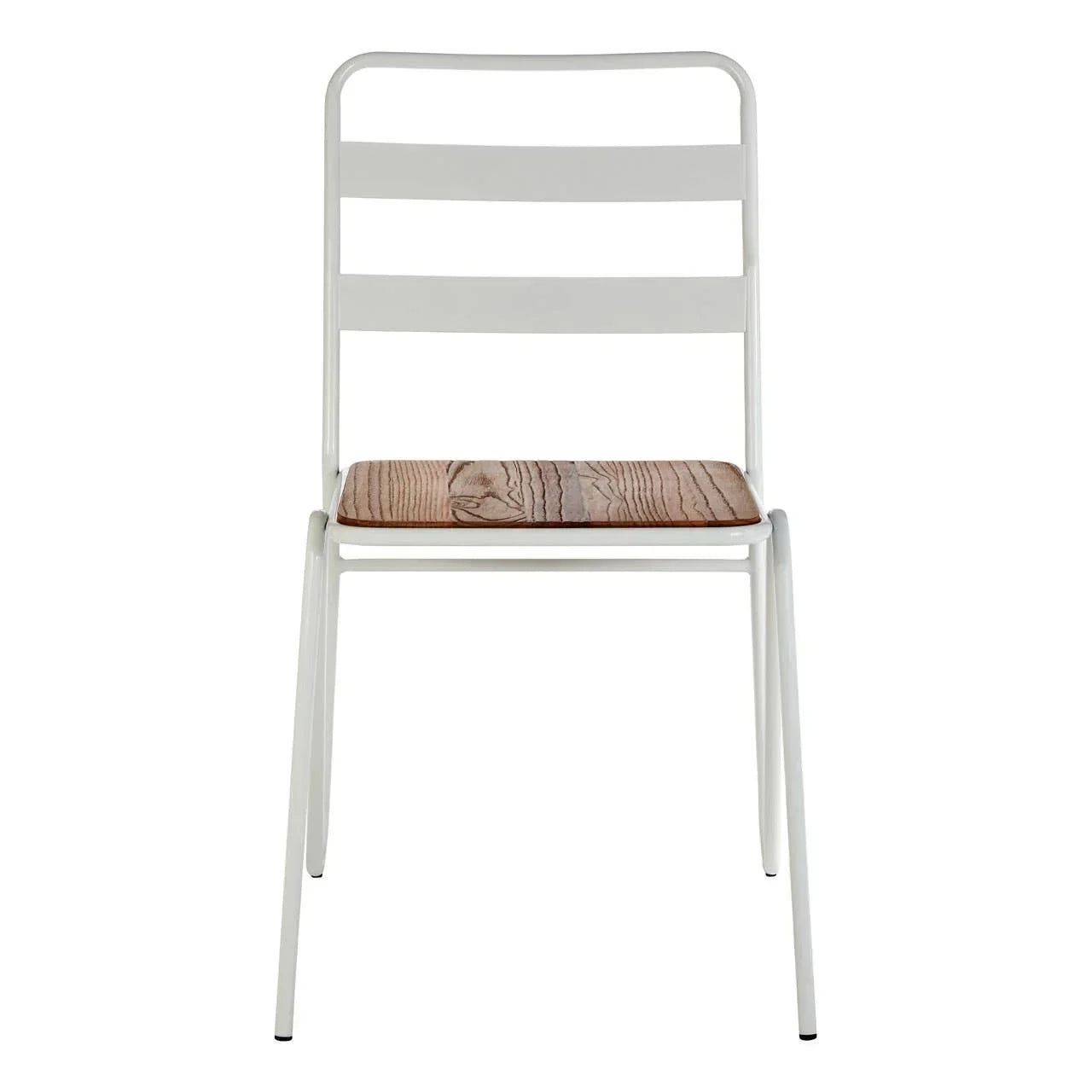 White metal dining chair with slatted back and wood effect seat, front view