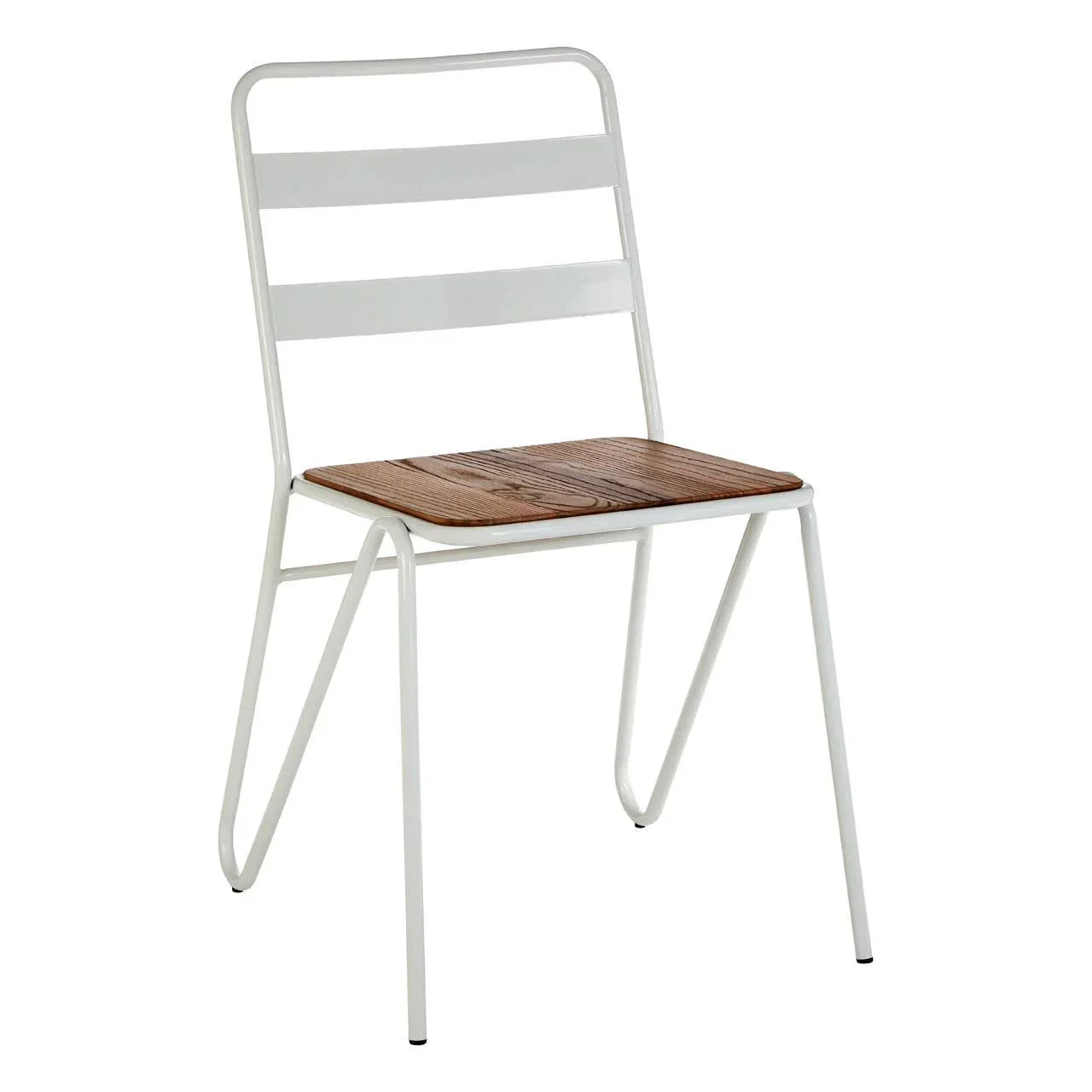 Modern dining chair with white metal frame and wooden seat, angled front view