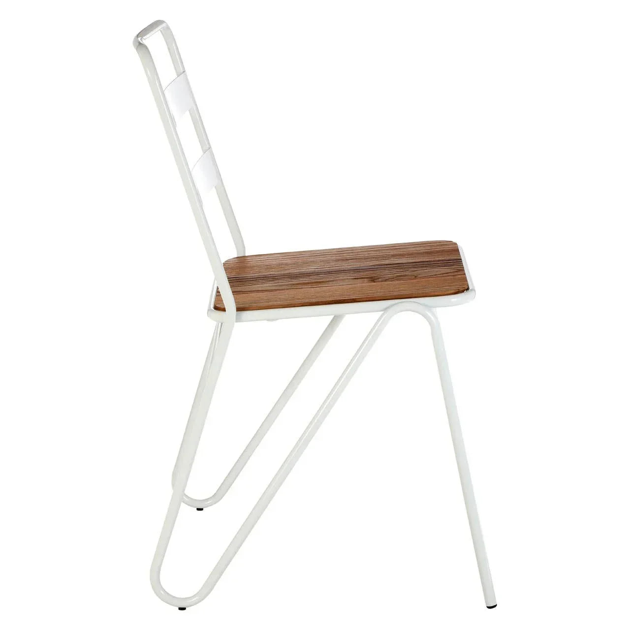 Modern dining chair with white metal frame and wooden seat in profile view