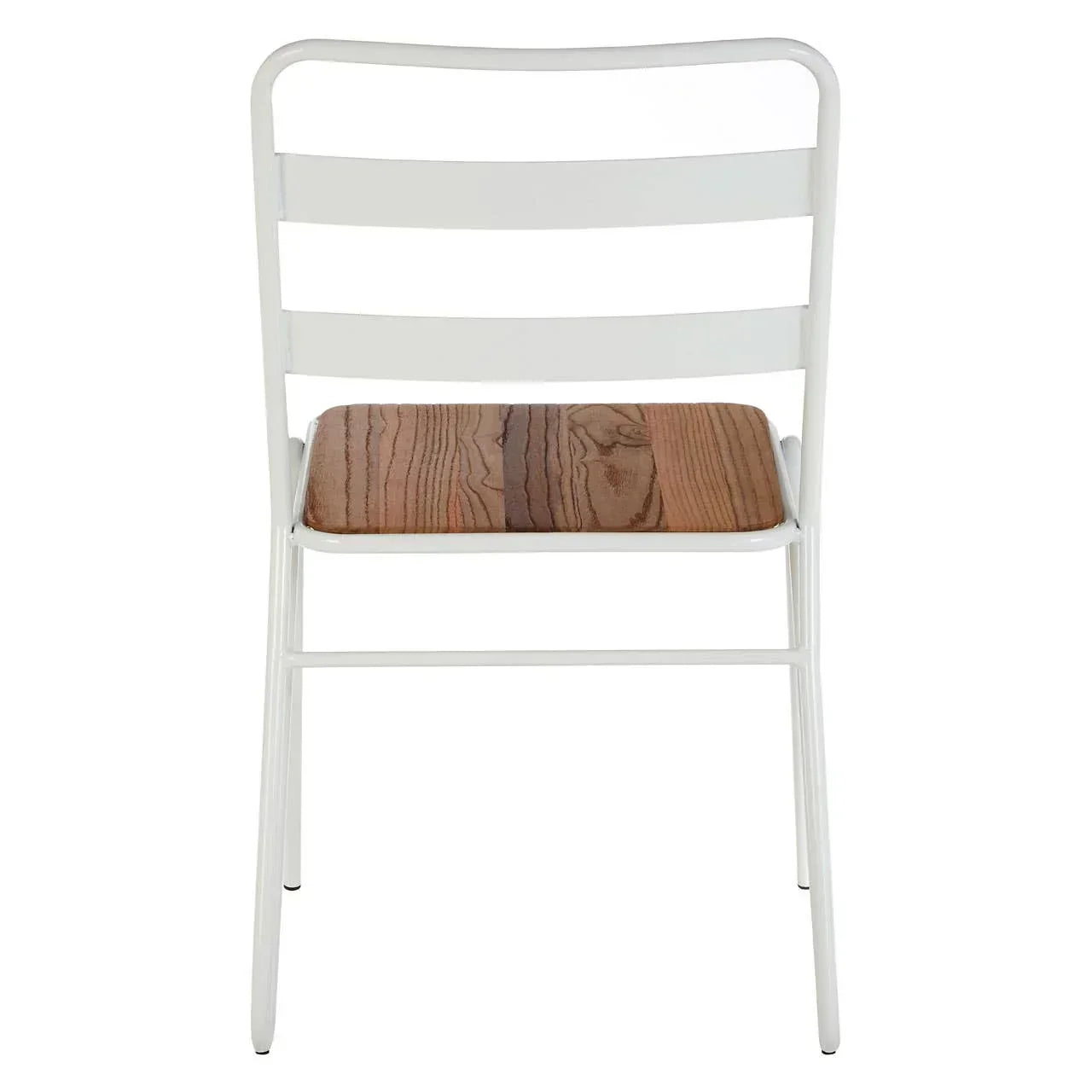 White metal dining chair with slatted back and natural wood seat, rear view