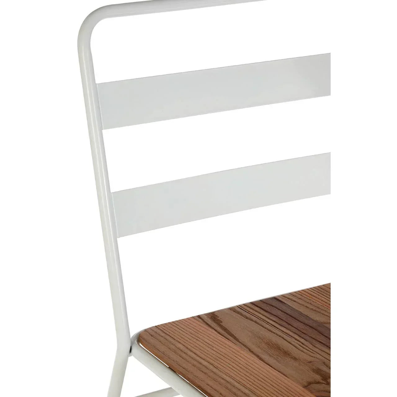 White metal dining chair with slatted back and wood seat, close-up view