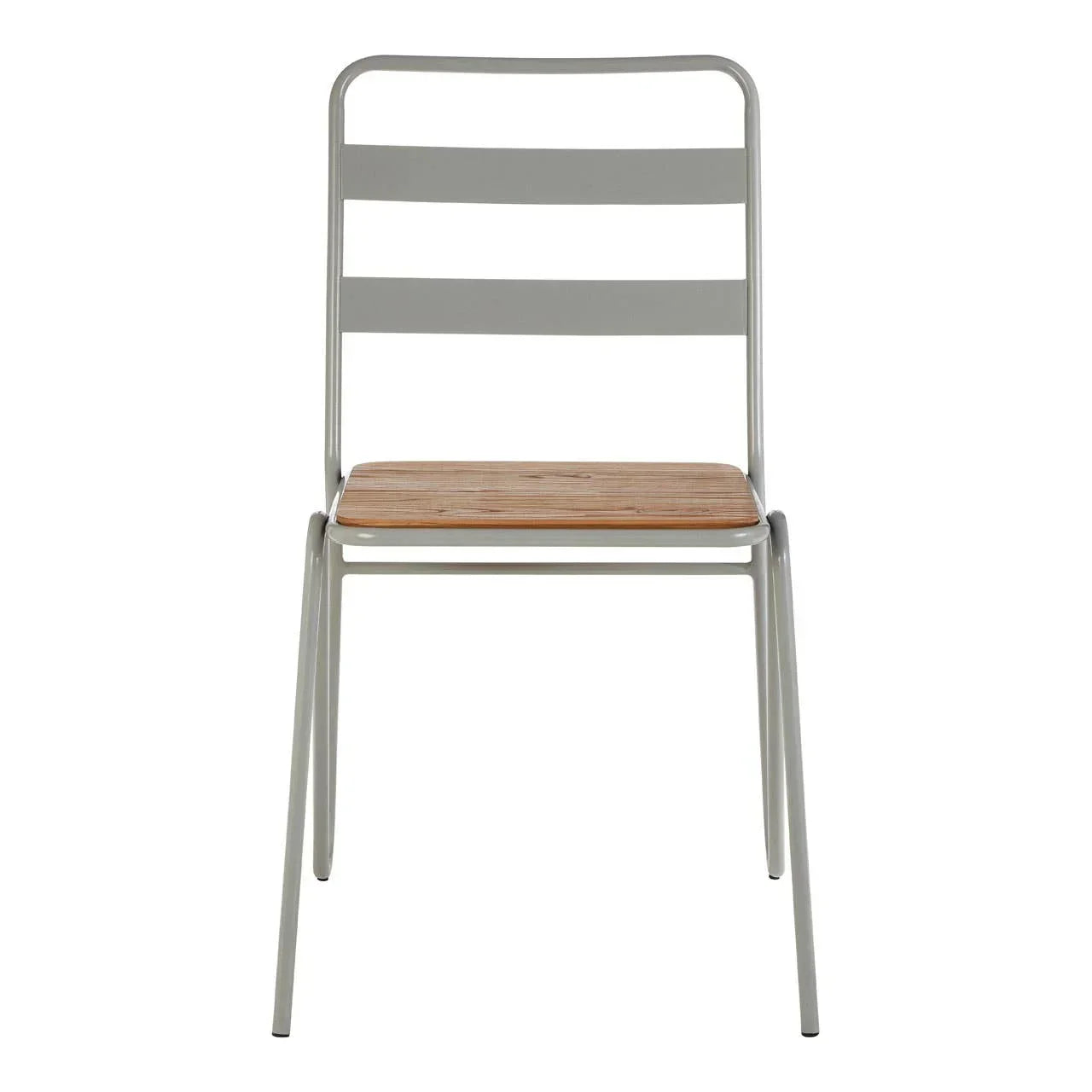 Metal dining chair with light wood seat and grey frame, front view