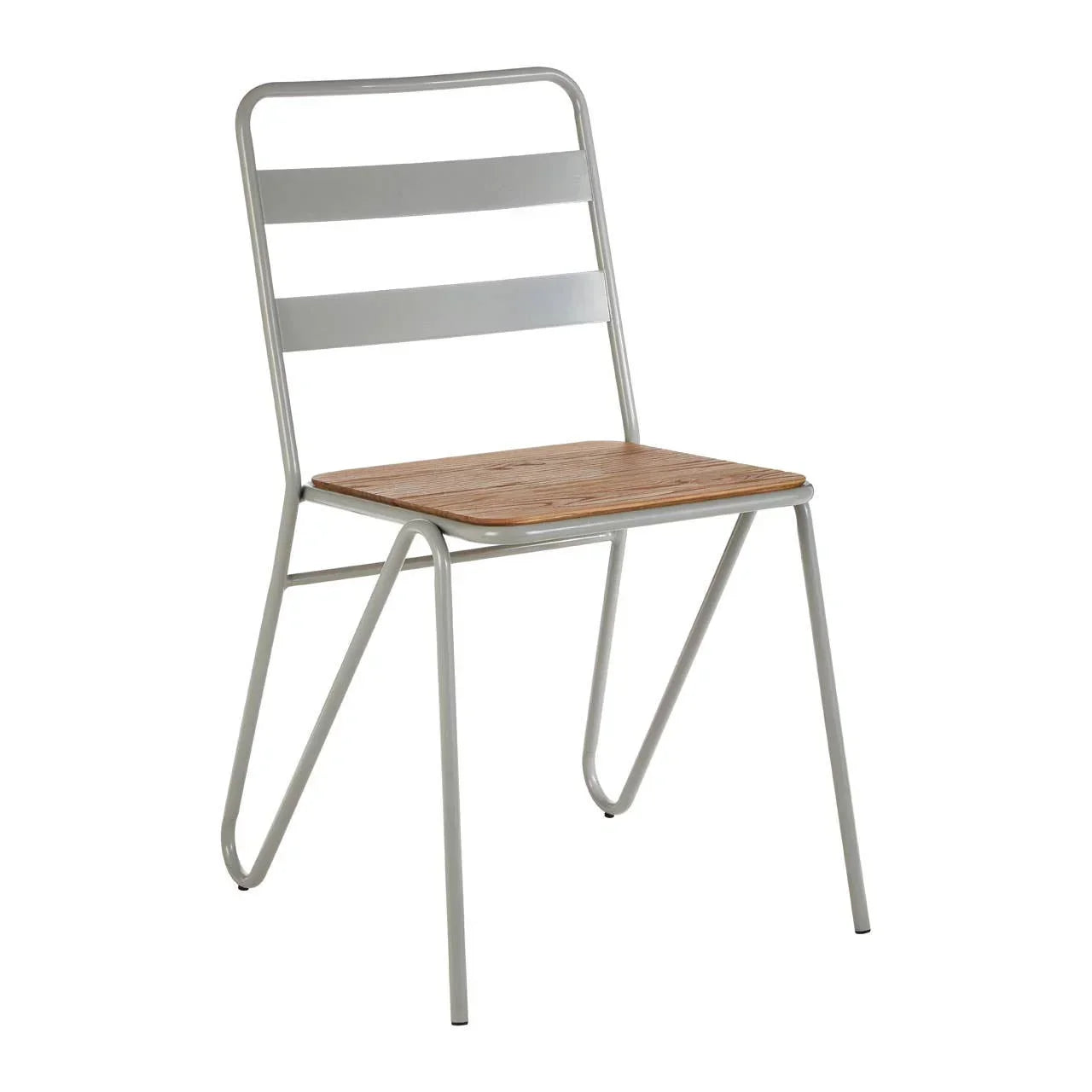 Metal dining chair with light wood seat and grey slatted backrest, angled side view