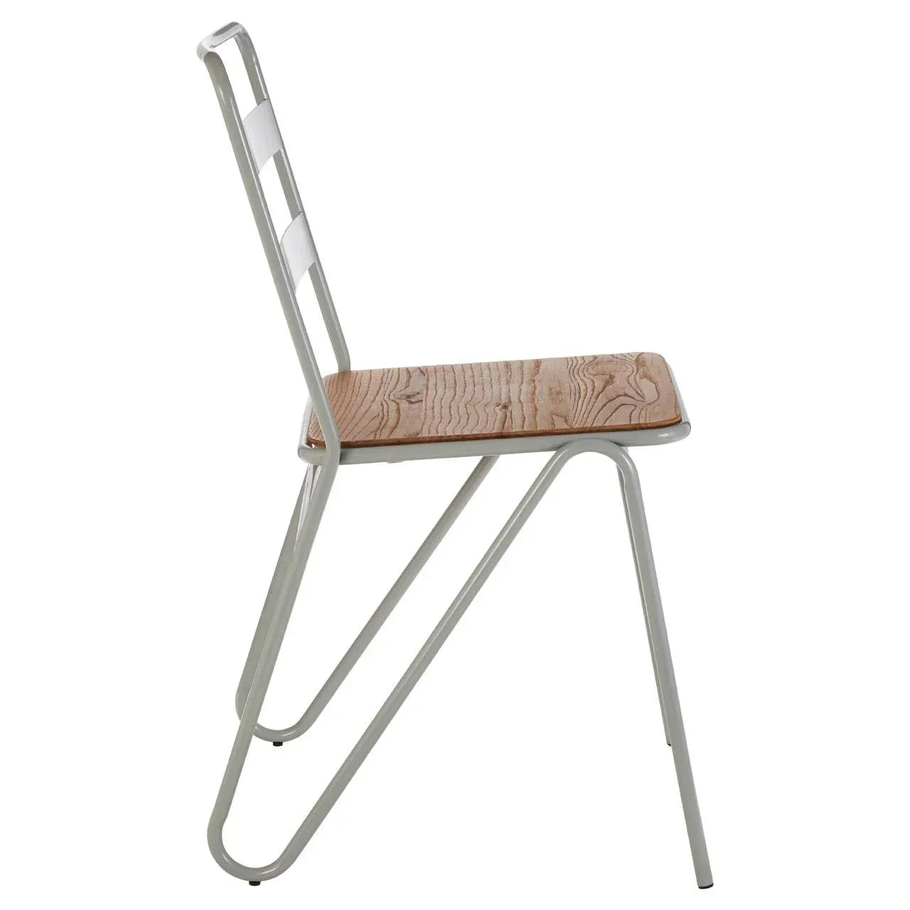 Modern dining chair with white metal frame and wood seat, side profile view