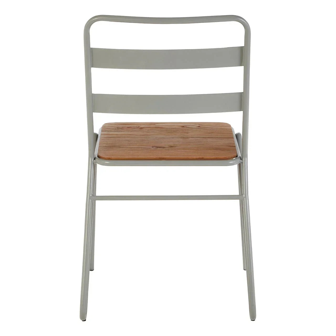 Metal dining chair with wooden seat and ladder backrest, rear view