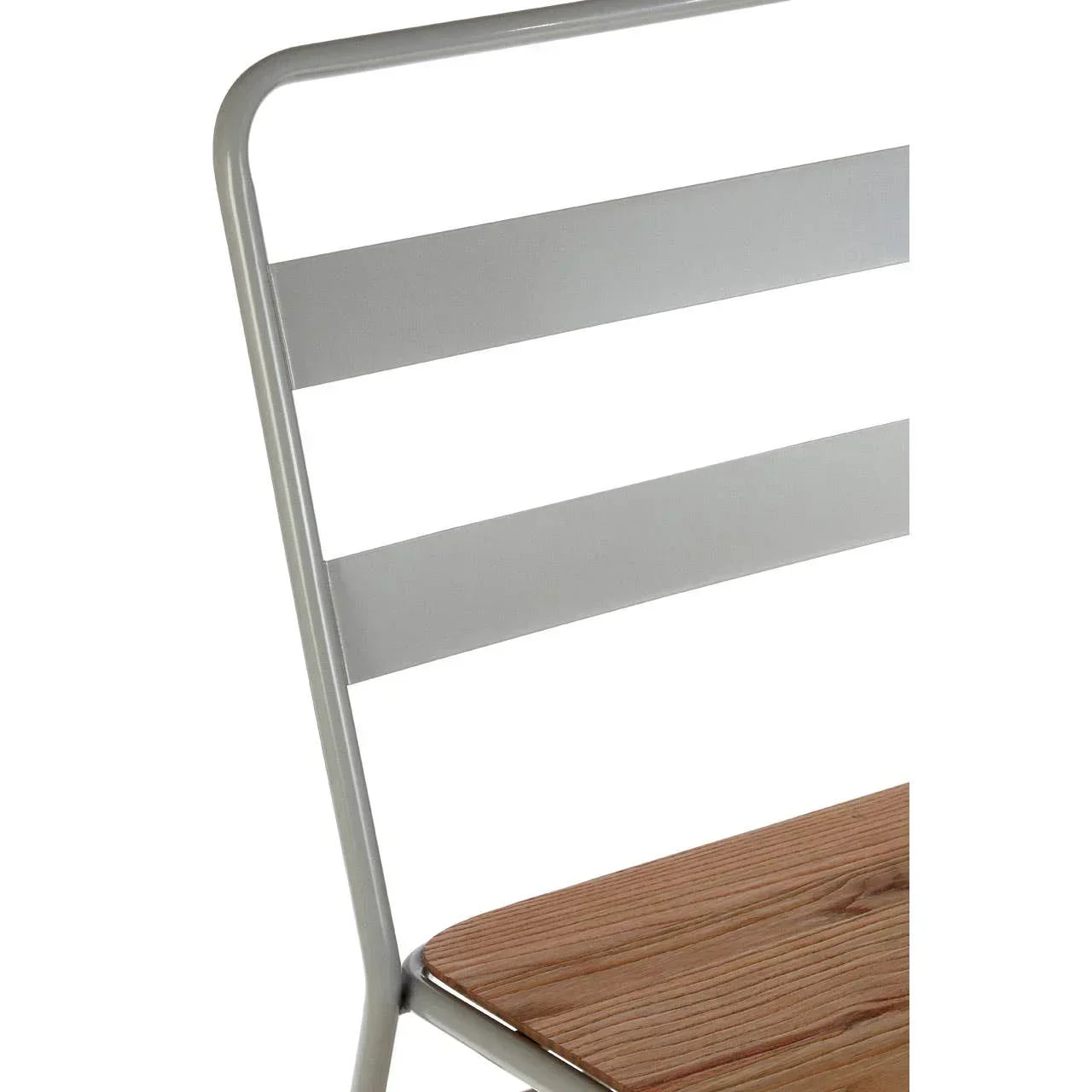Close view of dining chair with grey metal backrest and wooden seat