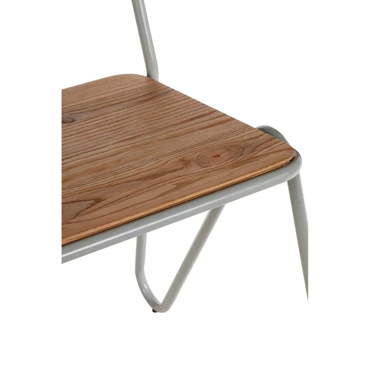 Close-up of wooden dining chair seat with silver metal frame and angled legs