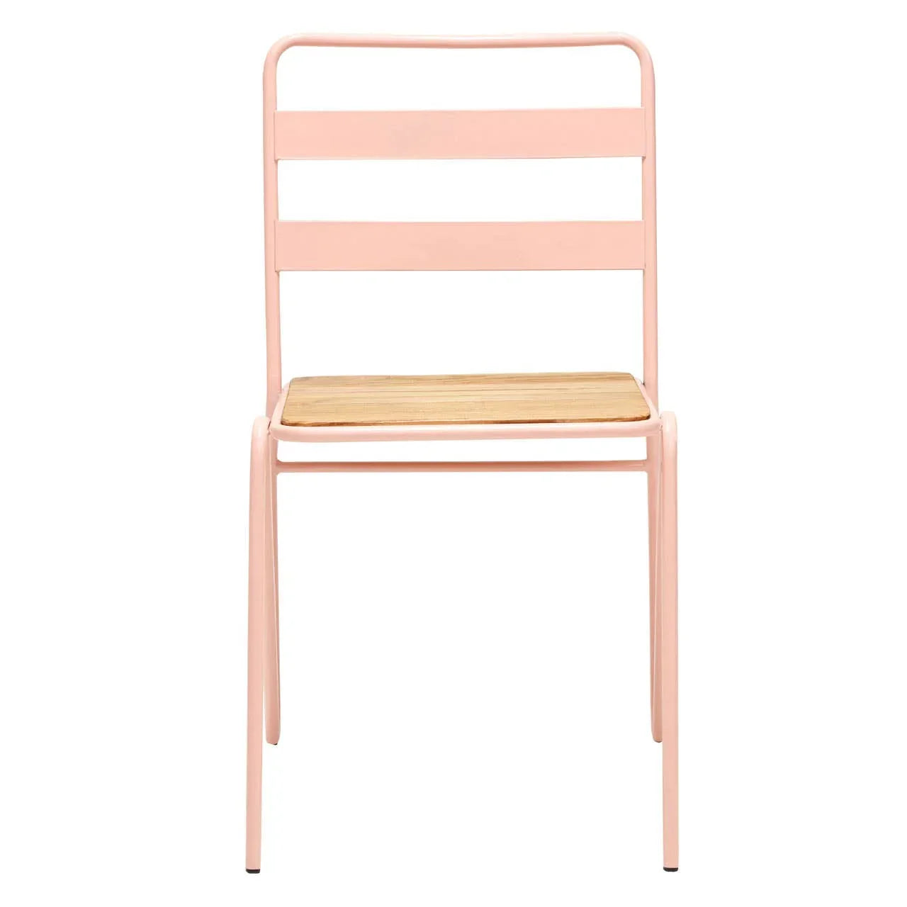 Pink metal dining chair with slatted back and light wood seat, front view