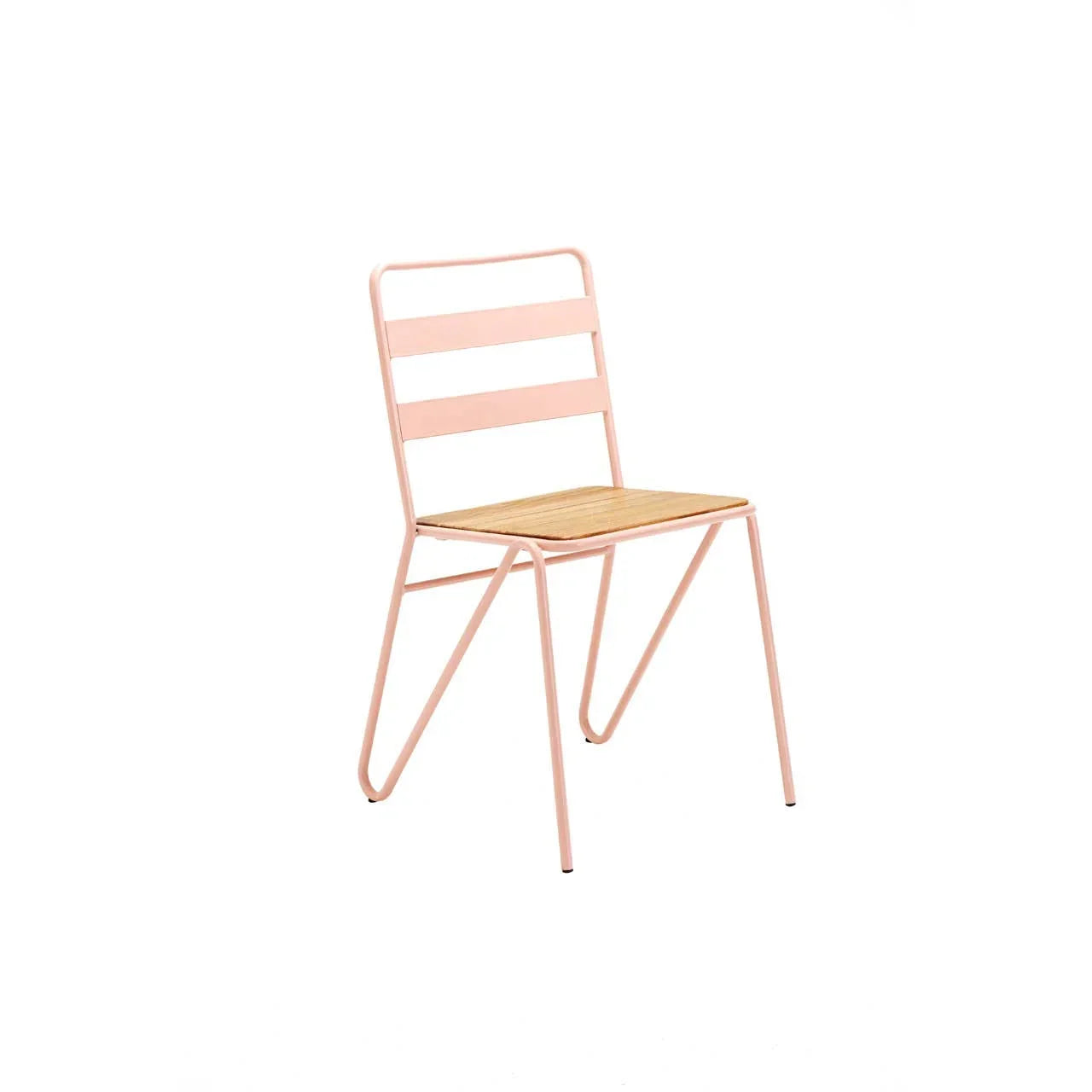 Pink metal dining chair with wooden seat and slatted backrest on white background