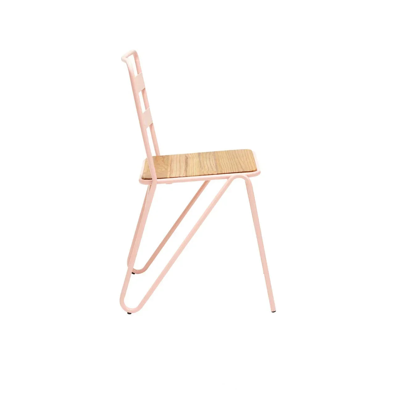 Side view of modern dining chair with light wood seat and pink metal frame