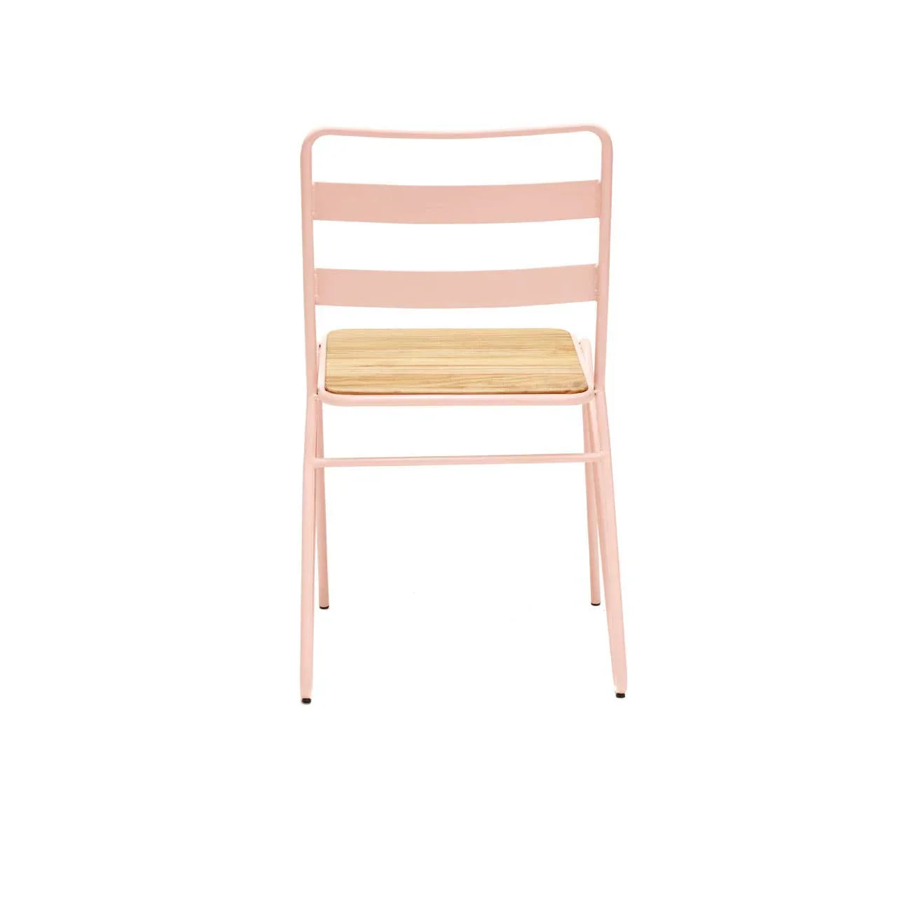 Pink metal dining chair with slatted back and light wood seat, rear view