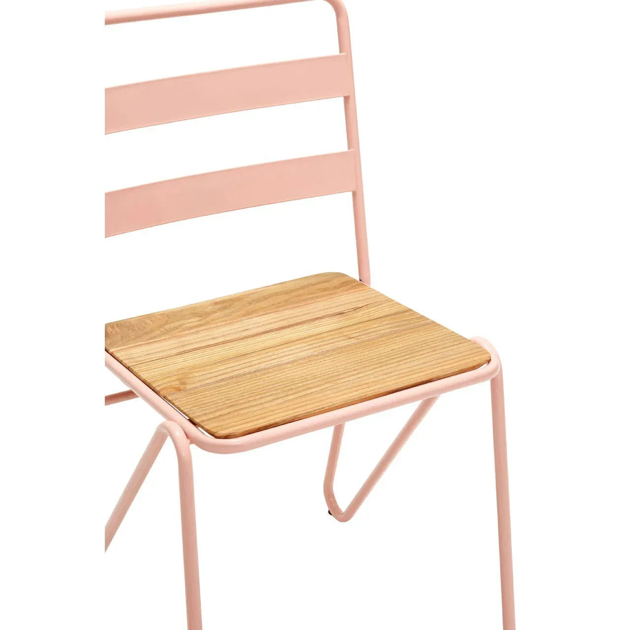 Pink metal dining chair with slatted wooden seat, close-up of seat and frame