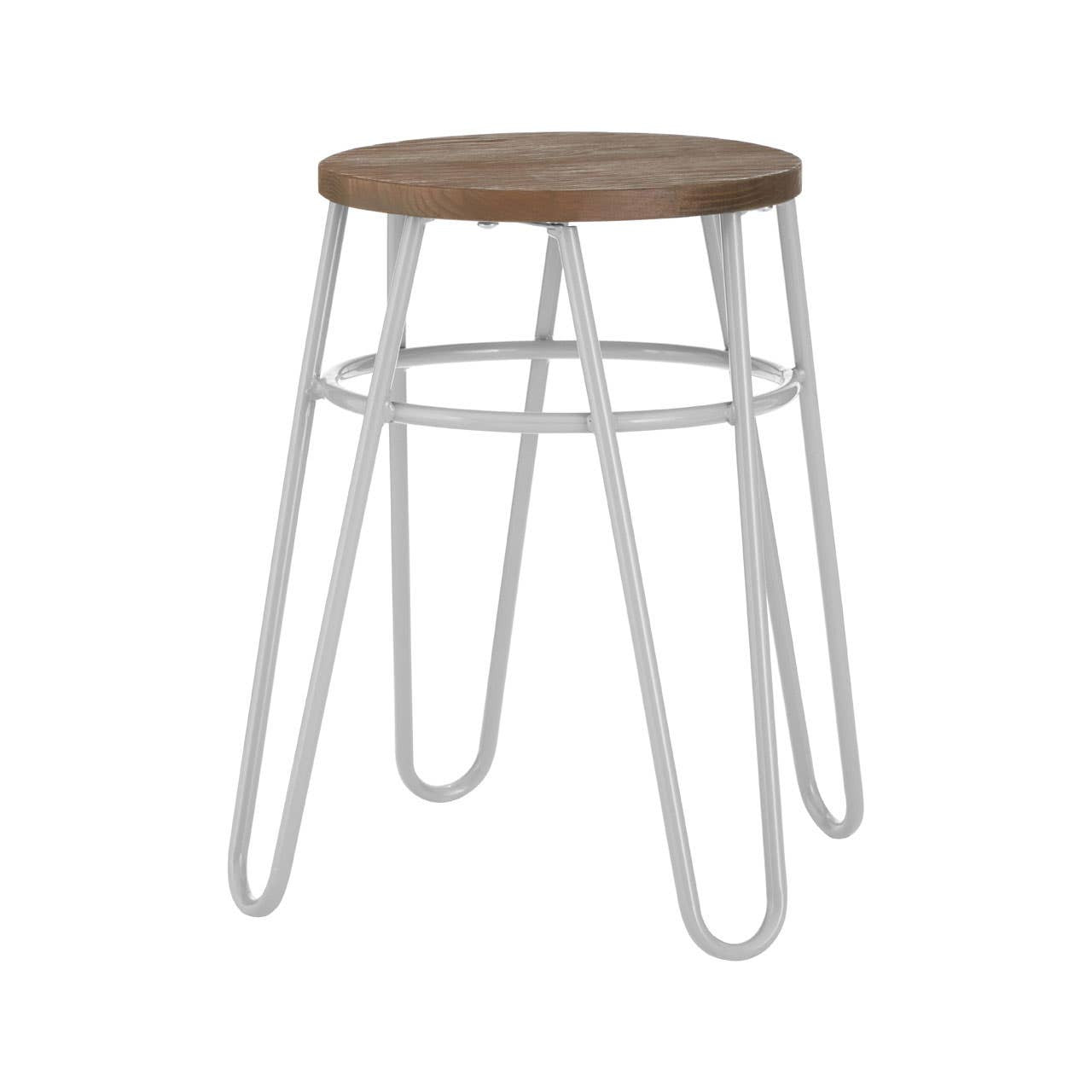 A grey metal hairpin stool with a round wooden seat, featuring slender, angled legs that create a modern and minimalist design. The stool has a light wood finish on the seat and a contrasting white metal frame