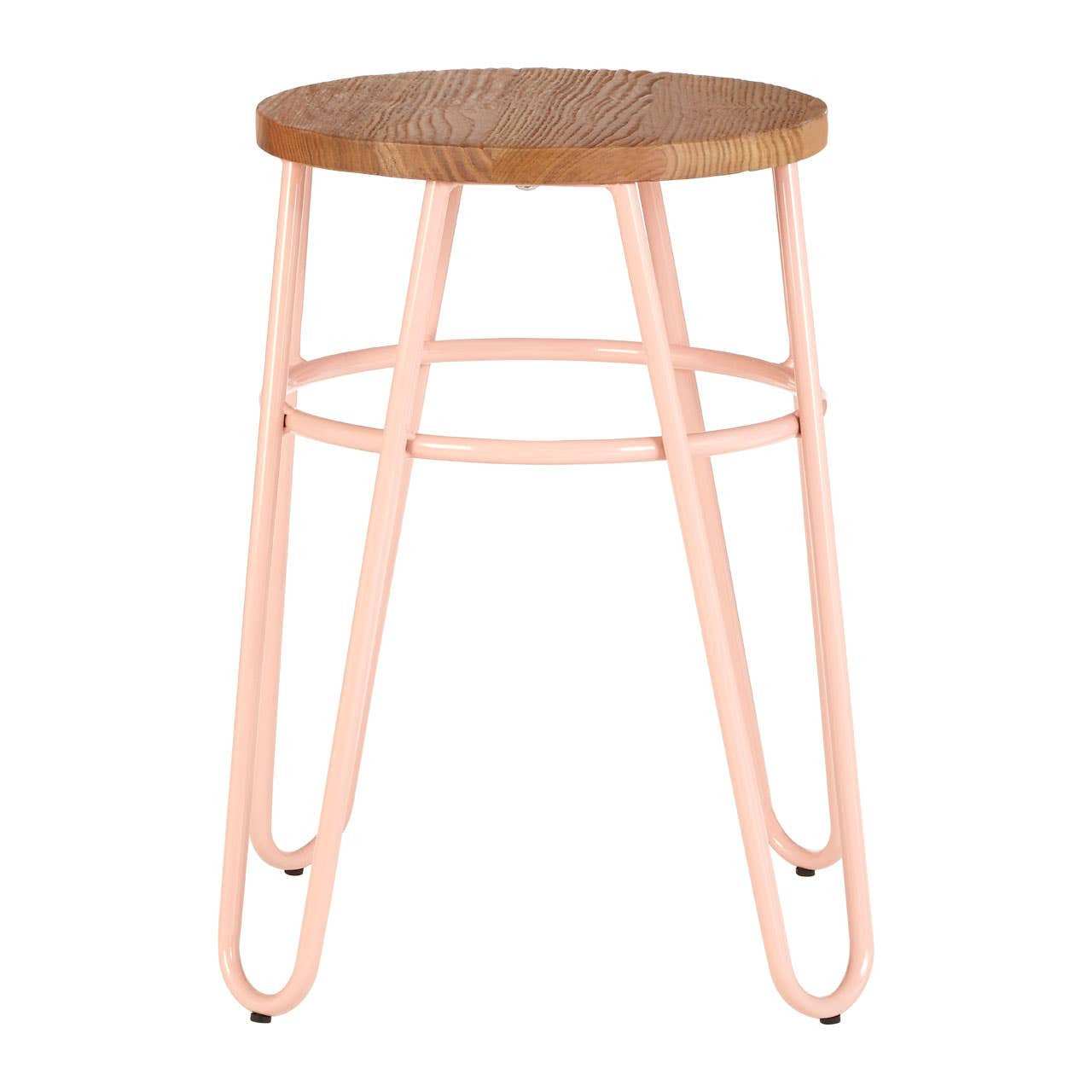 A hairpin stool featuring a round elm wood seat with a natural finish, supported by slender pink metal legs that create a modern and stylish look