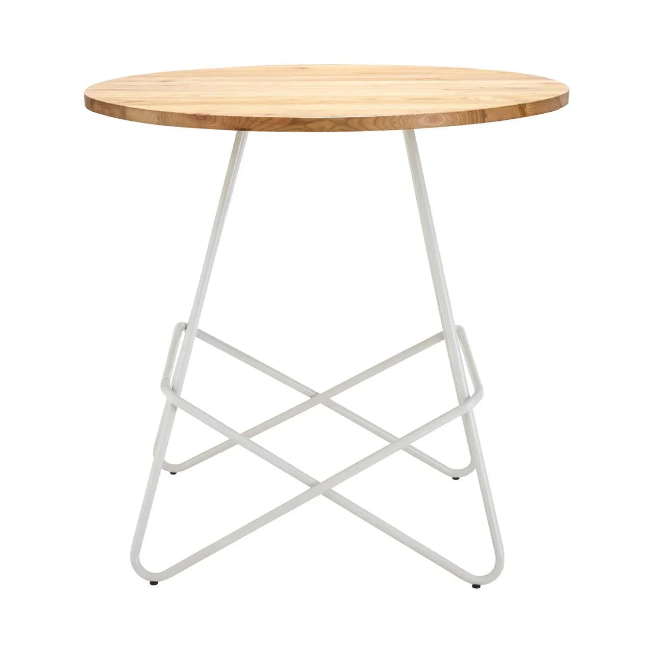 Round wooden dining table with light wood top and white metal crisscross legs