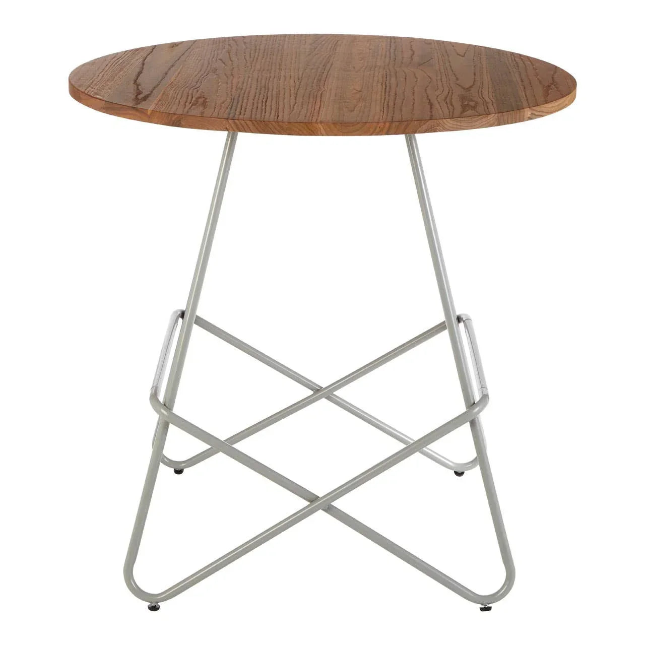 Round wooden side table with metal frame and crossed legs on white background