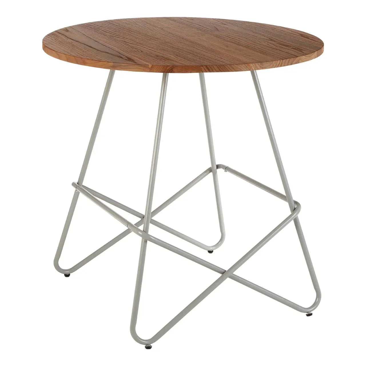 Round wooden side table with metal legs and modern cross base