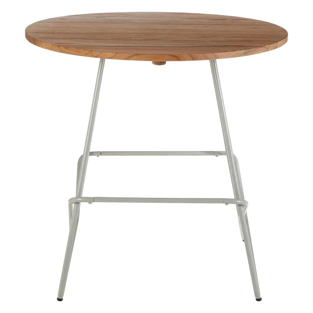 Round wooden dining table with metal legs, minimalist style shown from front angle
