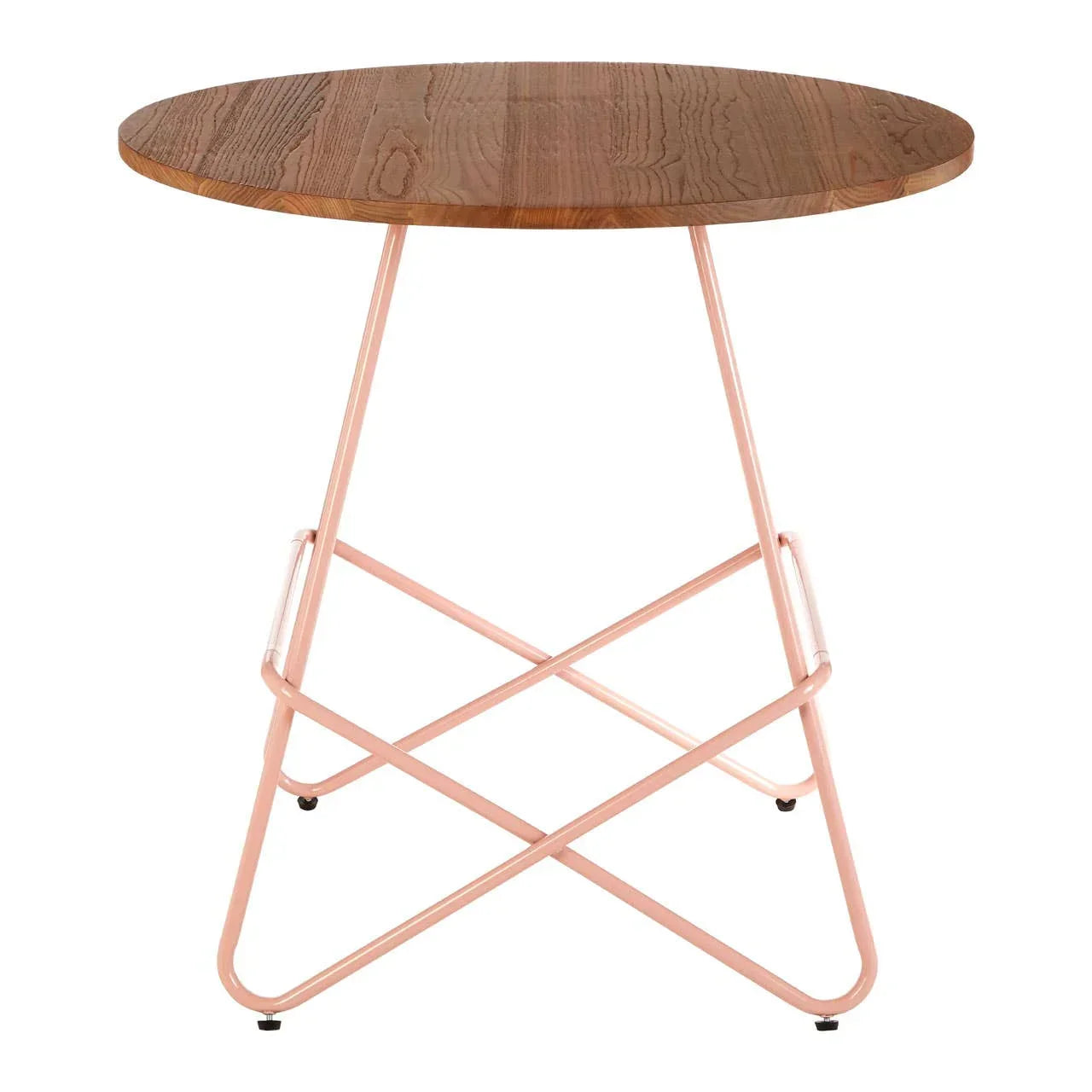 Round wooden side table with metal frame and crossed pink legs