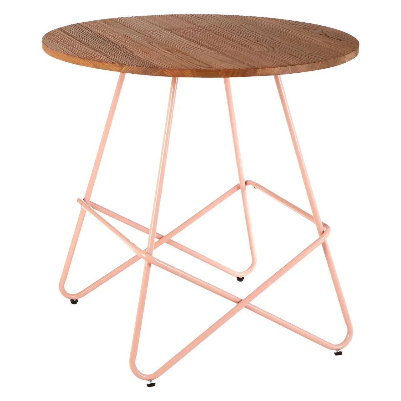 Round wooden side table with pink metal legs and geometric frame design
