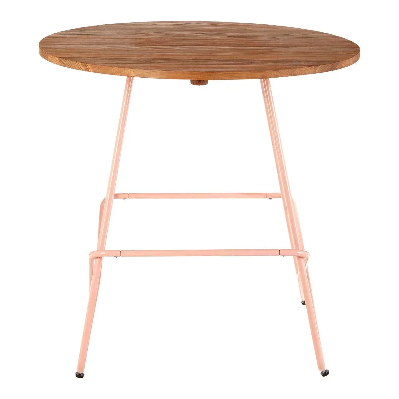 Round wooden dining table with light pink metal legs, front view