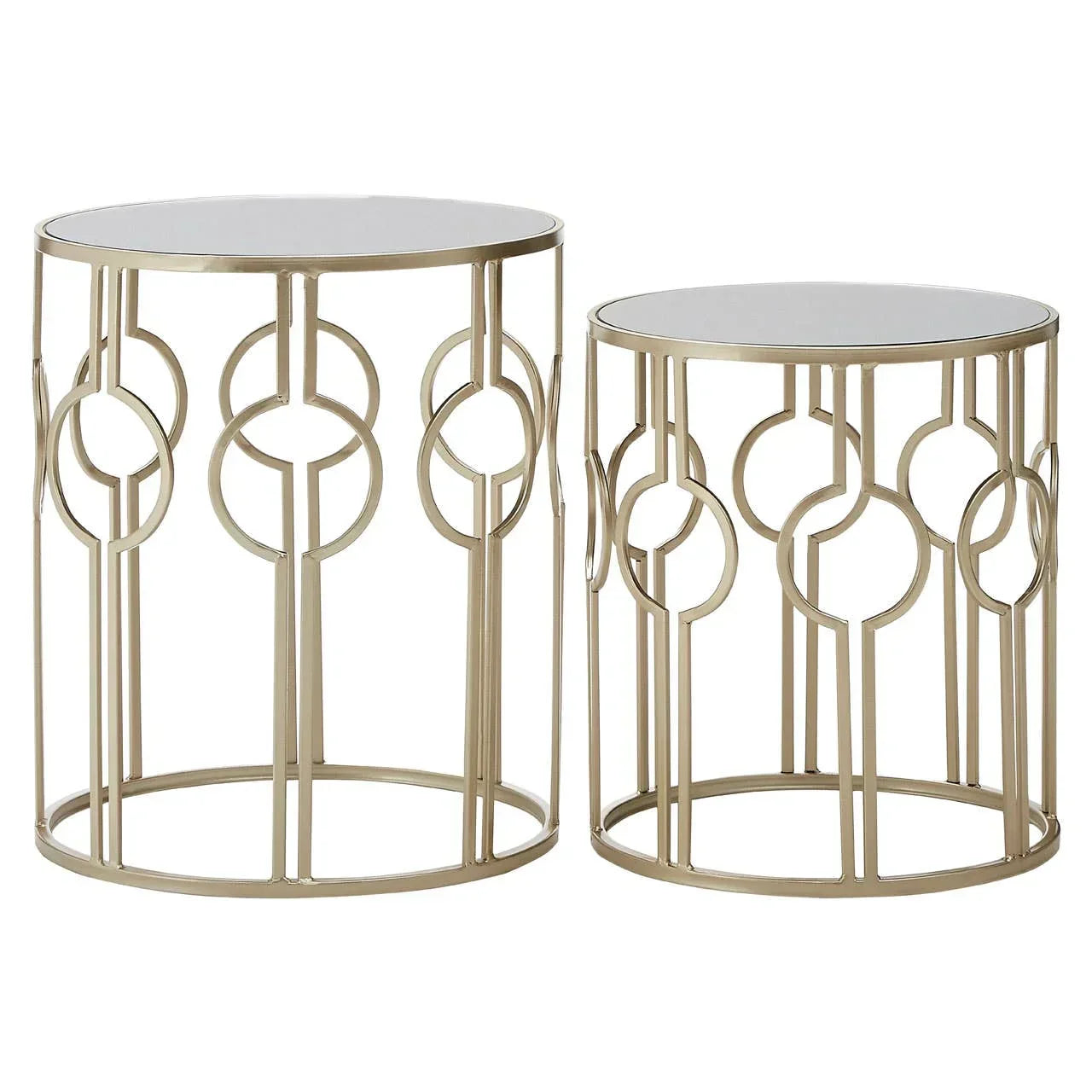 Set of two gold metal side tables with mirrored tops and geometric circle pattern bases