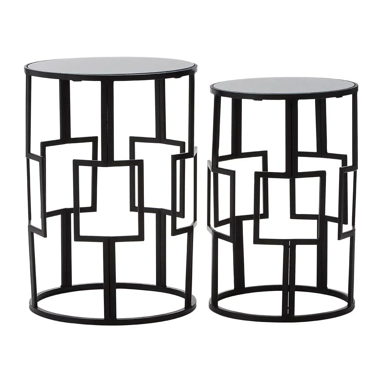 Set of two black metal side tables with geometric openwork bases and round glass tops