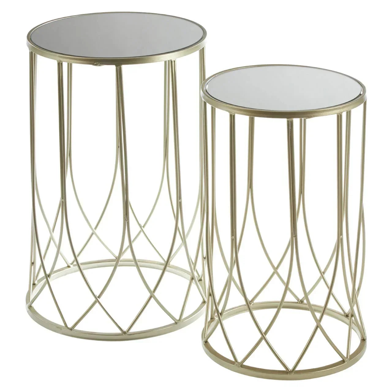 Set of two gold metal round side tables with mirrored tops and open wire bases